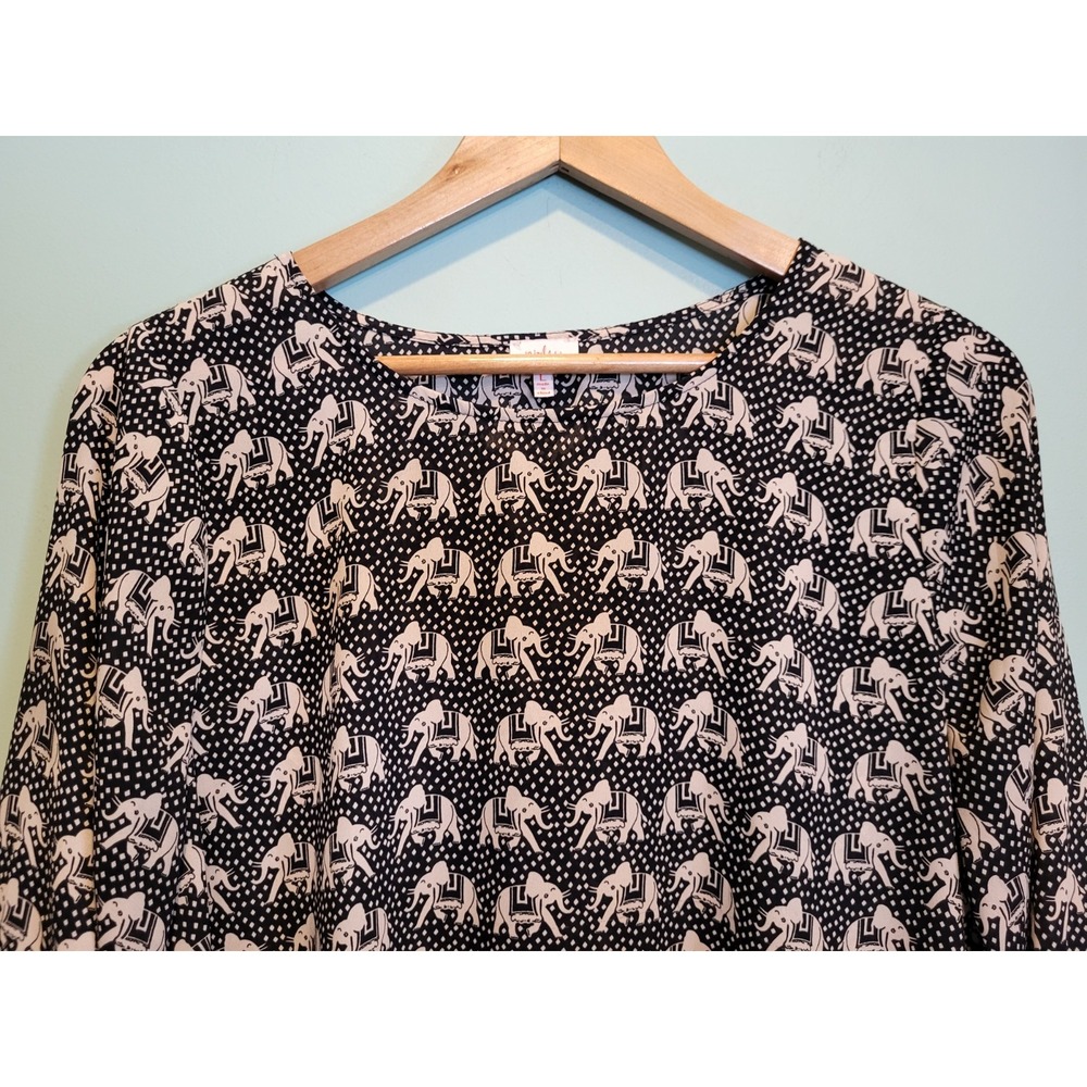 Black Tan Elephant Novelty Lightweight Roll Tab Sleeve Top Pixley Sz L - Picture 2 of 8
